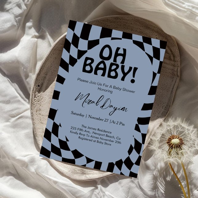 Oh Baby! Blue Checkered Modern Baby Shower  Inbjudningar (Skapare uppladdad)