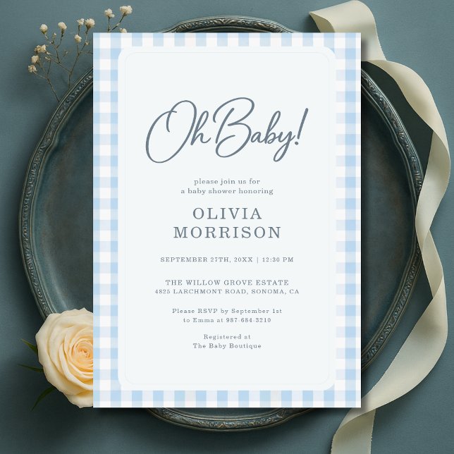 Oh Baby Blue Gingham Babyfirande Inbjudningar (Skapare uppladdad)