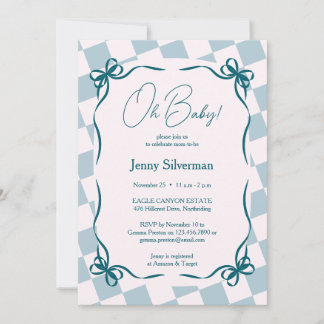 Oh Baby Blue Gingham Bows Baby Shower Inbjudningar