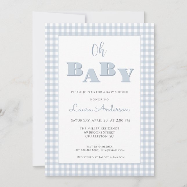 Oh Baby Blue Gingham Check Boy Baby shower  Inbjudningar (Framsida)