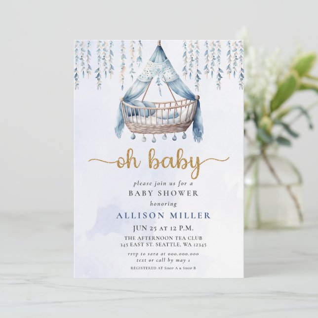 Oh Baby blue Guld Crib Boho Boy Shower Inbjudningar (Stående Fram)