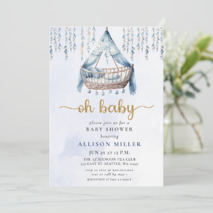 Oh Baby blue Guld Crib Boho Boy Shower Inbjudningar