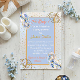 Oh Baby blue Guld Ginkgo Löv Baby Shower Inbjudningar