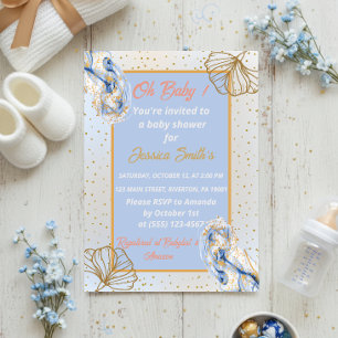 Oh Baby blue Guld Ginkgo Löv Baby Shower Inbjudningar