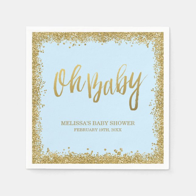 Oh Baby blue Guld Glitter Baby Shower Pappersservett (Framsidan)