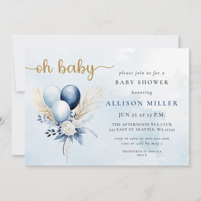 Oh Baby blue Guld Pampas Boho Boy Shower Inbjudningar (Framsida)