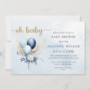 Oh Baby blue Guld Pampas Boho Boy Shower Inbjudningar