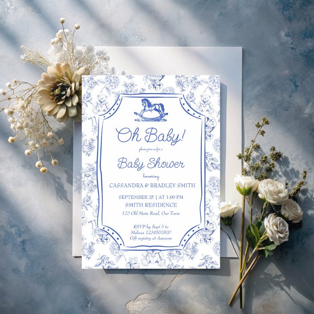 Oh baby blue gungande häst skiss baby dusch inbjudningar (Oh baby dusty blue rocking horse vintage sketch toile de jouy baby shower invitation template)