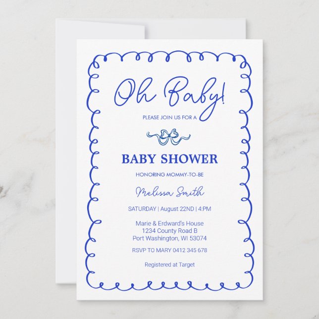 Oh Baby blue Hand plockade Baby Shower Inbjudningar (Framsida)