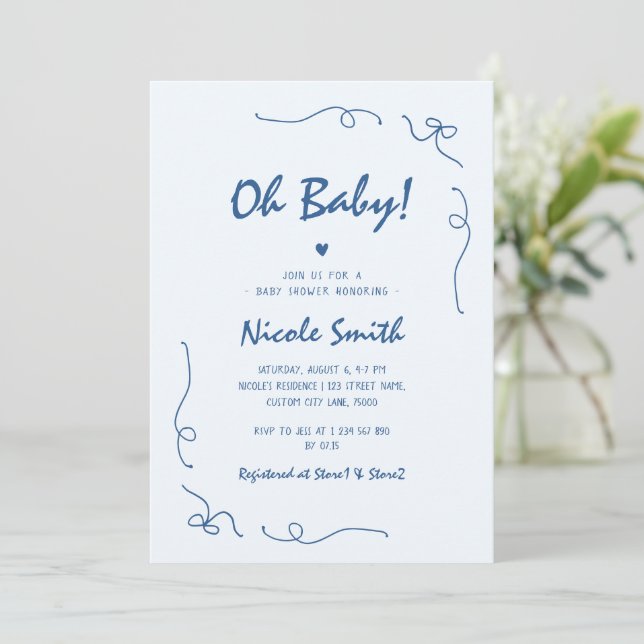 Oh Baby blue Hand plockade Fransk Boy Baby Shower Inbjudningar (Stående Fram)