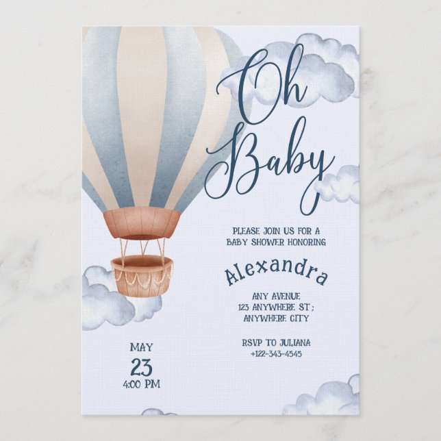 Oh Baby Blue Watercolor Air Balloon Baby Shower   Inbjudningar (Framsida)