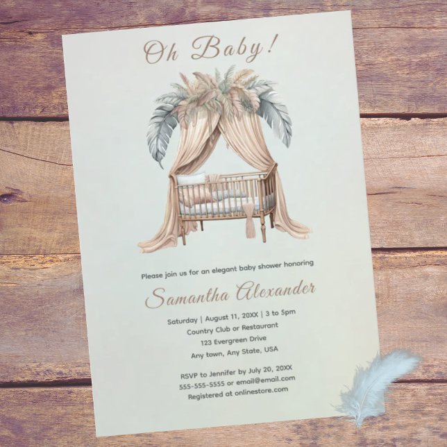 Oh Baby boho babydusch Inbjudningar (Oh Baby! Boho feathers on crib.  Baby shower invitation. Soft peach, dusty blue. Whimsical.)