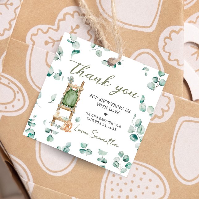 Oh Baby Boho Eucalyptus Baby Shower Square Gåvor Etiketter (Oh Baby Greenery Baby Shower Square Favor Tags)