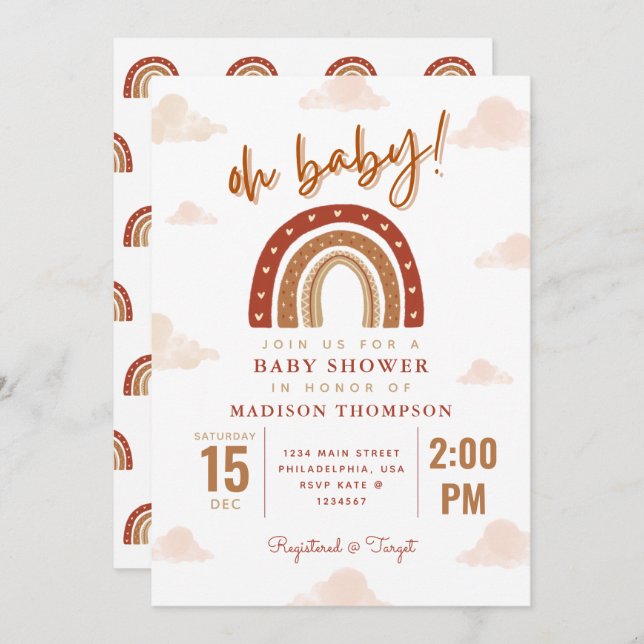 Oh Baby Boho Terracotta Rainbow Clouds Baby Shower Inbjudningar (Fram/baksida)