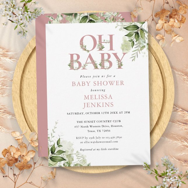 Oh Baby botanical Greenery Dusty Ro Baby Shower Inbjudningar (Oh Baby Botanical Greenery Dusty Rose Baby Shower Invitation)