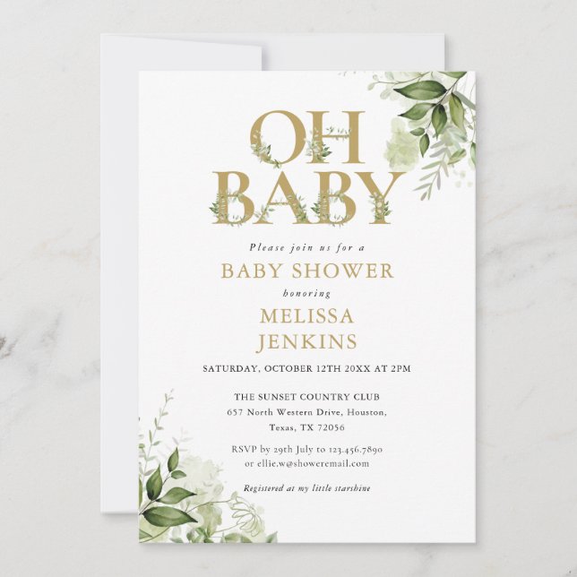 Oh Baby botanical Greenery Guld Baby Shower Inbjudningar (Framsida)
