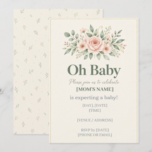 Oh Baby Botanisk Bebis Shower Inbjudan (Fram/baksida)