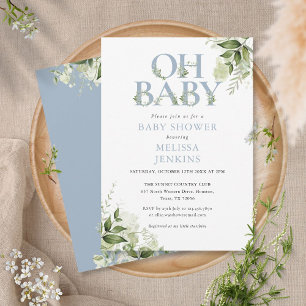 Oh Baby Botanisk Grönska Dammig Blå Bebis Bebis Sh Inbjudningar