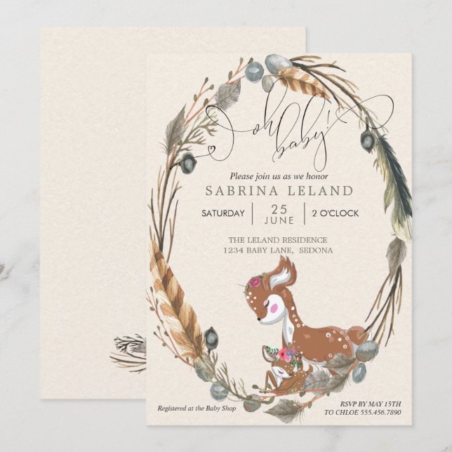 Oh Baby botaniska Hjort och Fawn Baby Shower Inbjudningar (Fram/baksida)