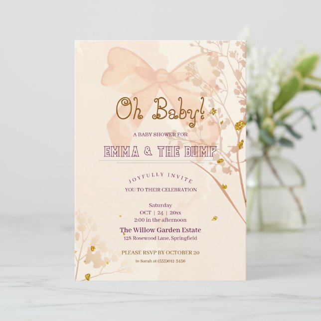 Oh Baby Bow Blommig Barnkal Invitation Inbjudningar (Stående Fram)