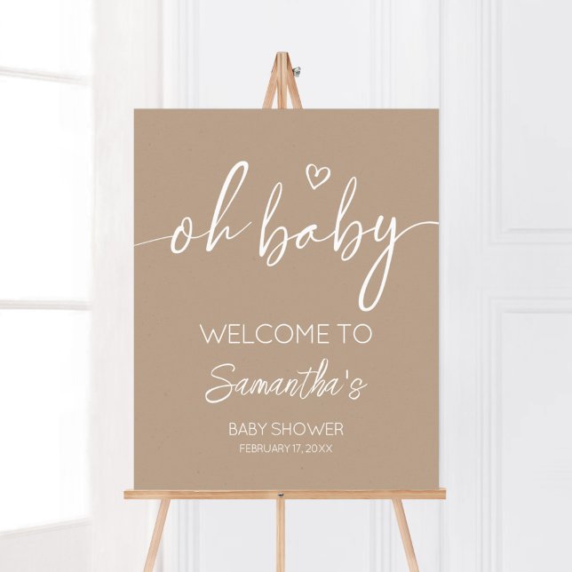 Oh Baby Brown Minimalist Välkommen Poster (Brown Minimalist Heart Baby Shower Welcome Sign)