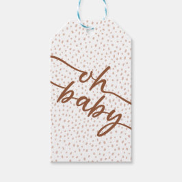 "Oh Baby" Brun skript och Beige Dots Baby Shower Presentetikett