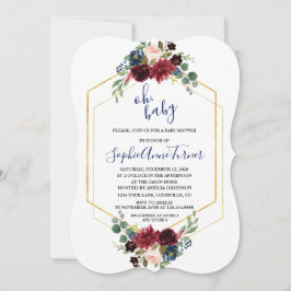 Oh BABY Burgundy Blommigt Guld Hexagon Baby Shower Inbjudningar