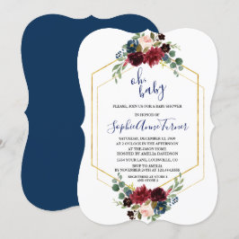 Oh BABY Burgundy Blommigt Guld Hexagon Baby Shower Inbjudningar