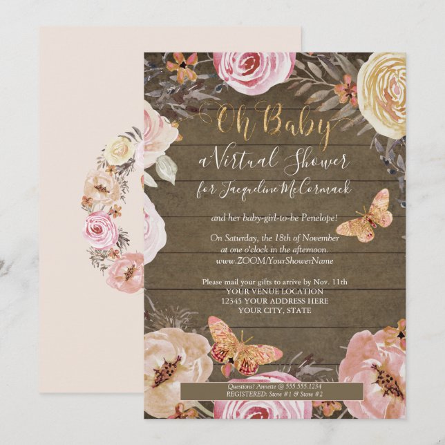 Oh Baby Butterfly Blommigt Rustic Wood Baby Shower Inbjudningar (Fram/baksida)