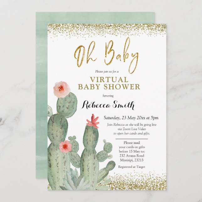 Oh Baby Cactus Virtuell Baby Shower Inbjudningar (Fram/baksida)