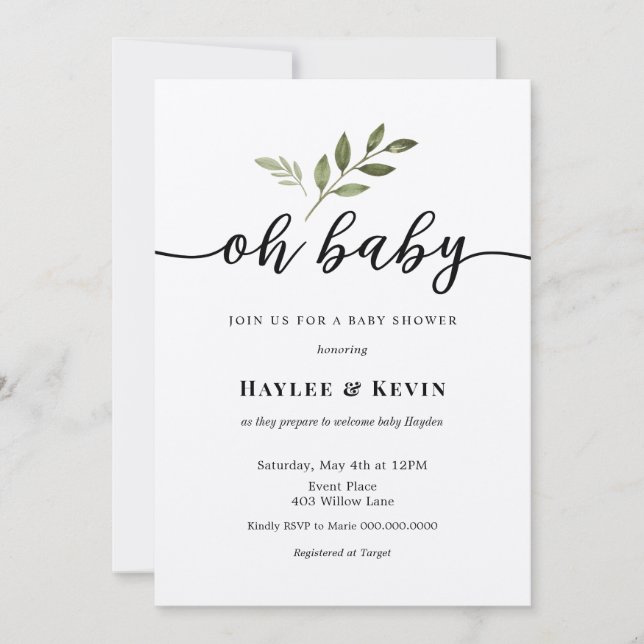 "Oh Baby" Calligraphy Greenery Shower-inbjudan Inbjudningar (Framsida)