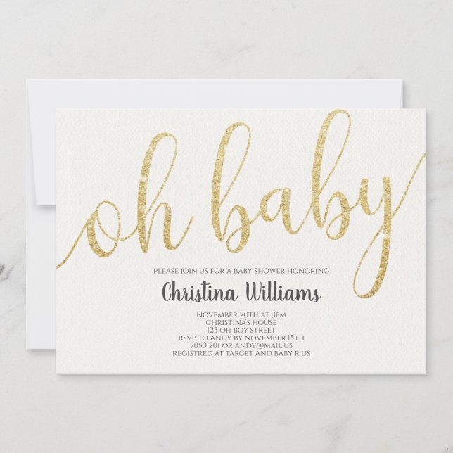 Oh Baby Calligraphy Guld Glitter Girl Baby Shower Inbjudningar (Framsida)