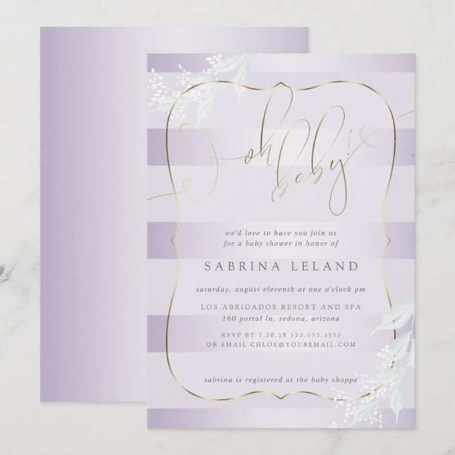 OH Baby! Calligraphy Ombré Lilac Rand Inbjudningar (Fram/baksida)