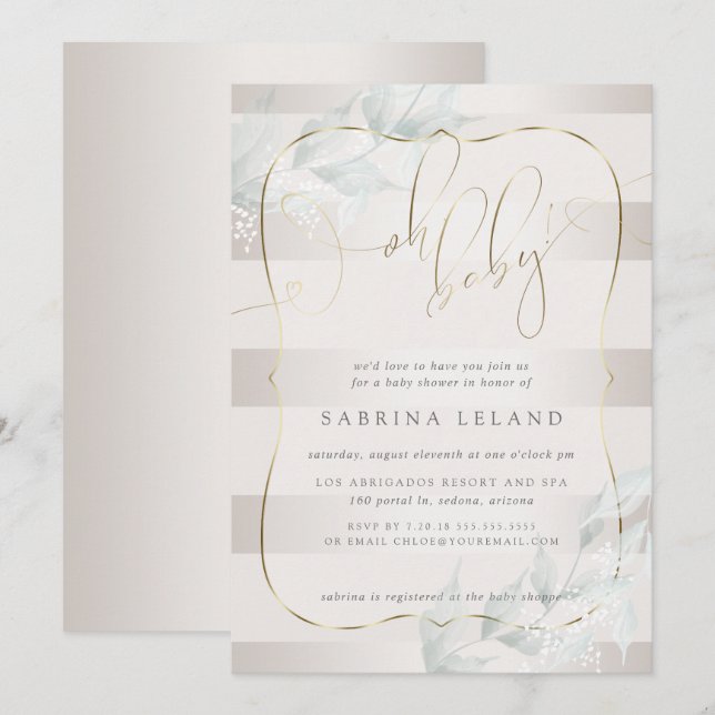 OH Baby! Calligraphy Ombré Taupe Rand Inbjudningar (Fram/baksida)