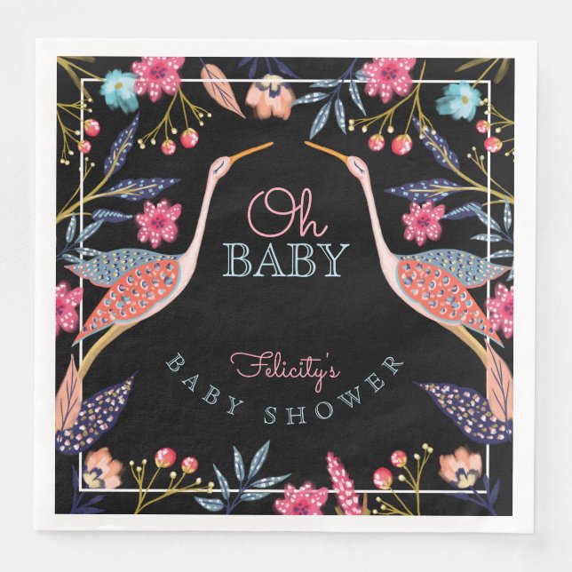 Oh Baby | Chic Blommigt Botanical Stork Baby Showe Pappersservett (Framsida)