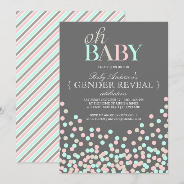 Oh Baby Confetti Gender Reveal Party | Blå Rosa Inbjudningar (Fram/baksida)