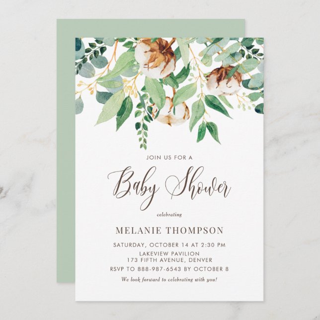 Oh Baby Cotton Blommars and Eucalyptus Baby Shower Inbjudningar (Fram/baksida)