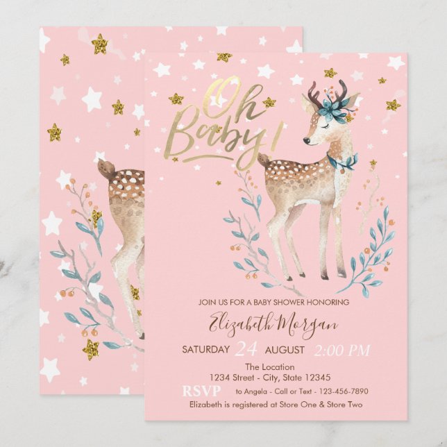 Oh Baby Cute Baby Hjort Stars Baby Shower Inbjudningar (Fram/baksida)
