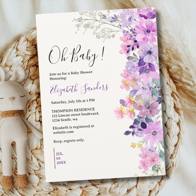 Oh Baby, Cute Baby Shower Purple Spring Flowers Inbjudningar (Skapare uppladdad)
