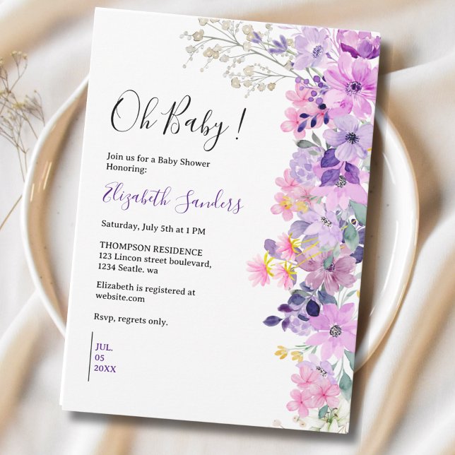 Oh Baby, Cute Baby Shower Purple Spring Flowers Inbjudningar (Skapare uppladdad)