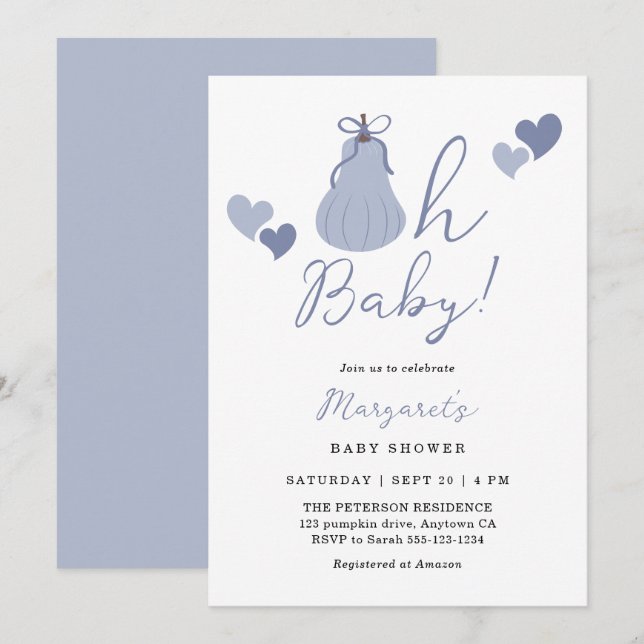 Oh Baby Cute Blue Pumpkin Bow Boy Shower Inbjudningar (Fram/baksida)