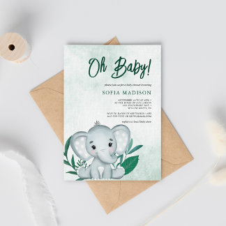 Oh Baby Cute Elephant Grönt Baby Shower Inbjudningar