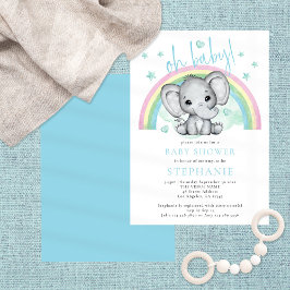Oh Baby Cute Elephant Rainbow Blue Shower Inbjudningar