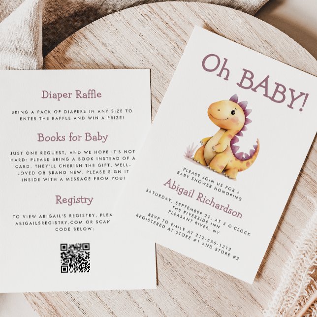 Oh Baby Cute Orange Lila Dinosaur QR Baby Shower Inbjudningar (Skapare uppladdad)