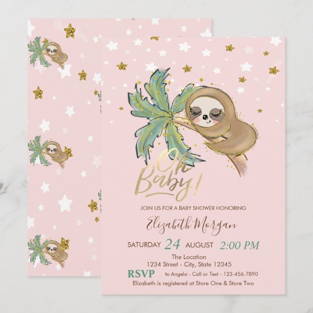 Oh Baby Cute Sleeping Sloth Stars Baby Shower Inbjudningar (Fram/baksida)