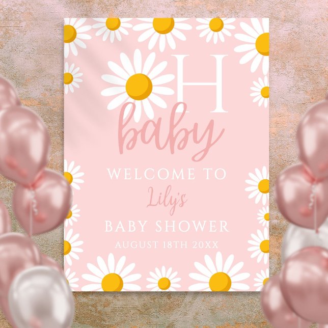 Oh Baby Daisy Rosa Bebis Bjudning Välkomstskylt Poster (Oh Baby Daisy Pink Baby Shower Welcome Sign)
