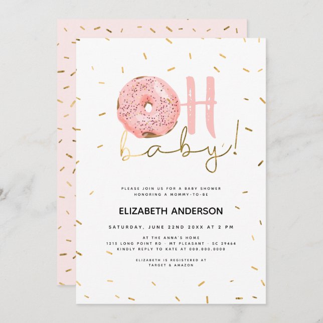 Oh Baby Donut & Sprinkles Guld Girl Baby Shower Inbjudningar (Fram/baksida)