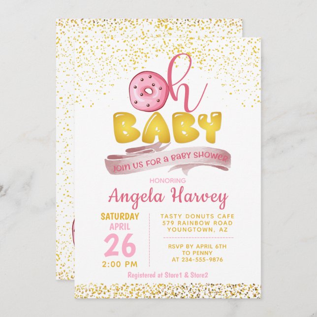 Oh Baby Donuts Guld Glitter Baby Shower-inbjudan t Inbjudningar (Fram/baksida)