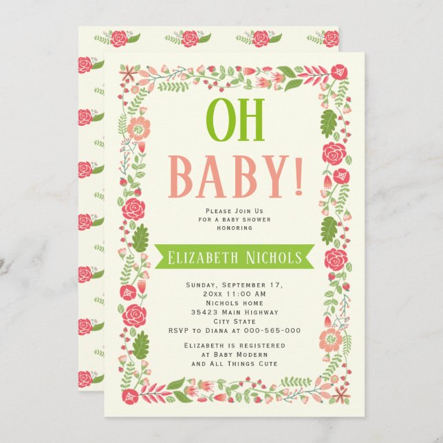 Oh Baby duschkorall rosa underbar blommigt gräns Inbjudningar (Fram/baksida)