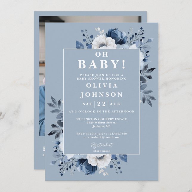 Oh Baby Dusty Blue Blommigt Photo QR Baby Shower Inbjudningar (Fram/baksida)